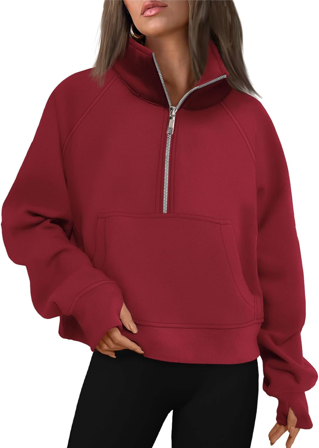 Women's Half-Zip Cropped Fleece Sweatshirt with Thumb Holes – Fall Quarter-Zip Pullover Hoodie