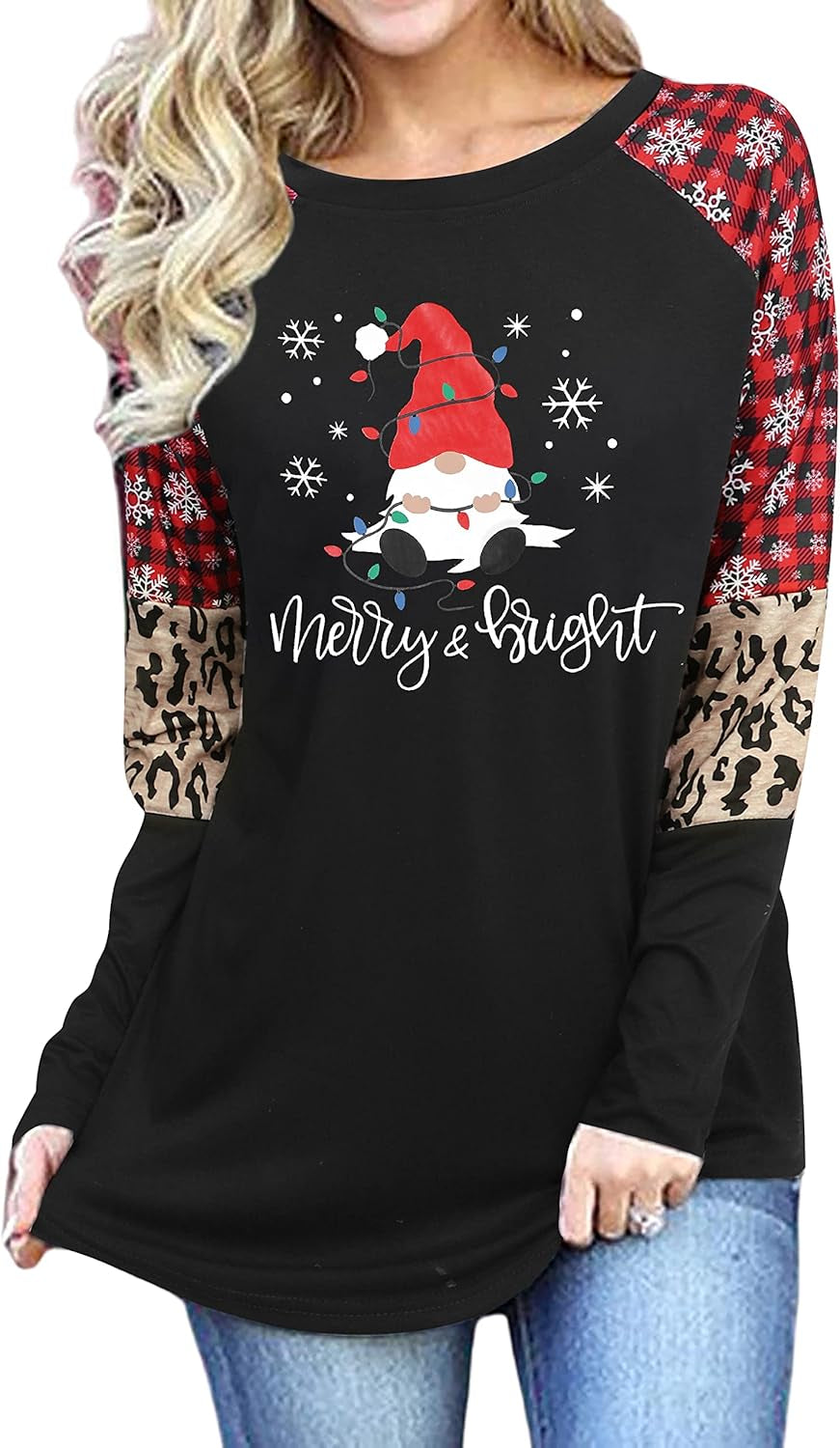 Women's Merry Christmas Gnomes T-Shirt – Plaid Raglan Long Sleeve Holiday Pullover Top with Lights