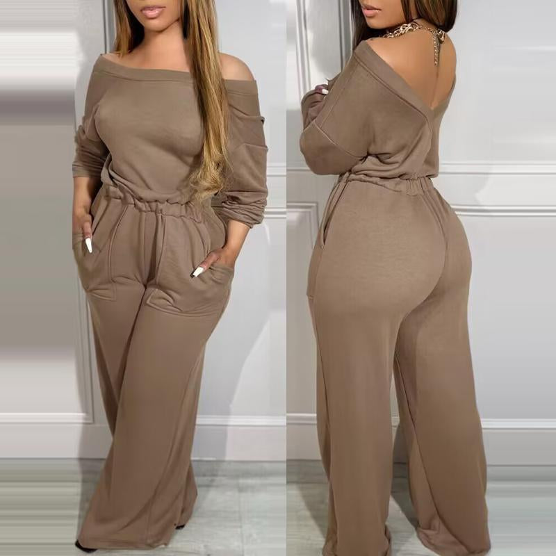 Off-Shoulder V-Back Stretch Jumpsuit with Waist and Pocket Design 