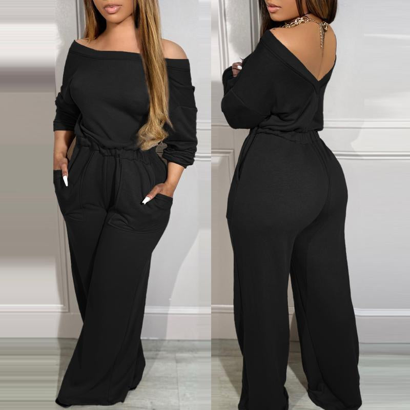 Off-Shoulder V-Back Stretch Jumpsuit with Waist and Pocket Design 