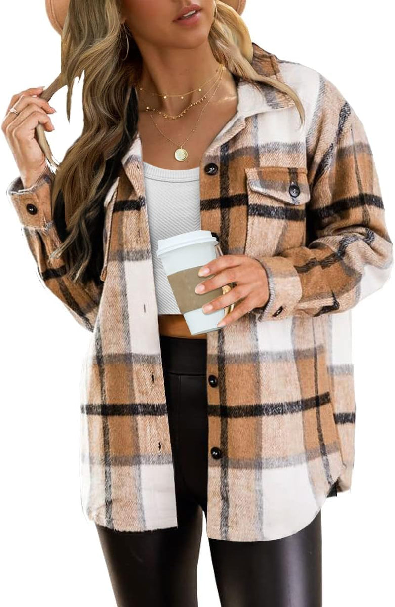 🍂 Women's Fall Fashion Shackets - 2024 Plaid Flannel Button-Down Long Sleeve Shirt Jackets