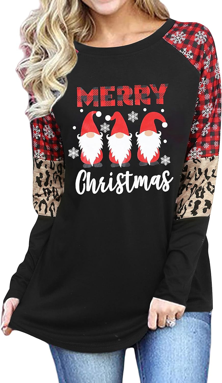 Women's Merry Christmas Gnomes T-Shirt – Plaid Raglan Long Sleeve Holiday Pullover Top with Lights