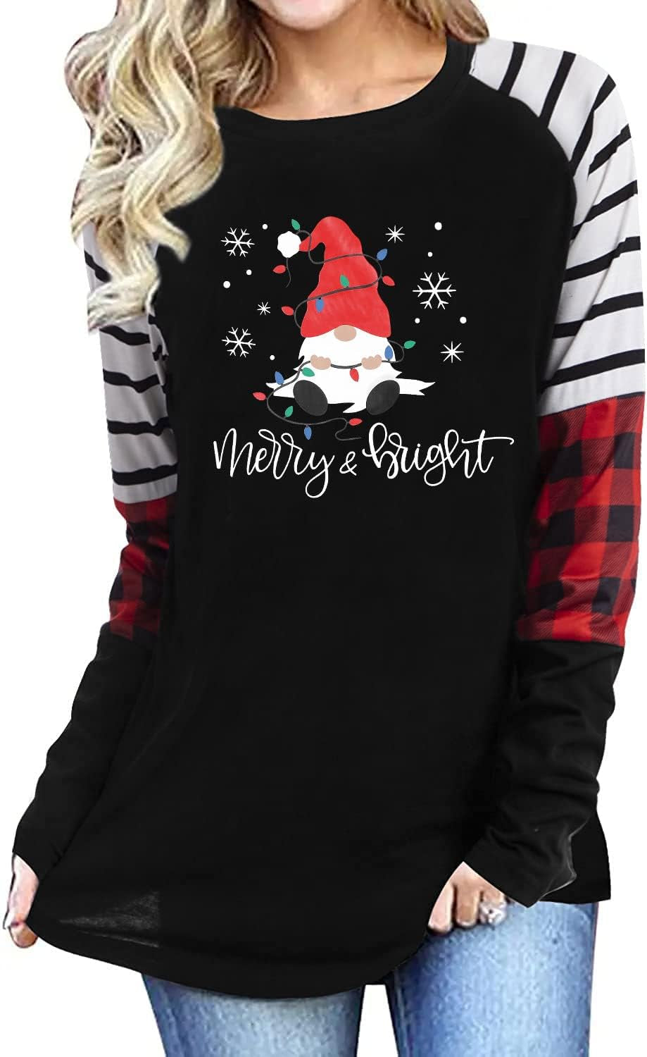 Women's Merry Christmas Gnomes T-Shirt – Plaid Raglan Long Sleeve Holiday Pullover Top with Lights