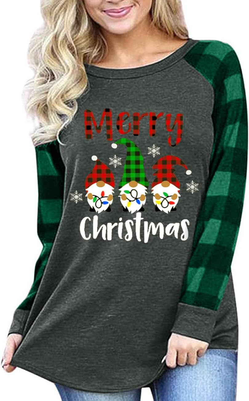 Women's Merry Christmas Gnomes T-Shirt – Plaid Raglan Long Sleeve Holiday Pullover Top with Lights