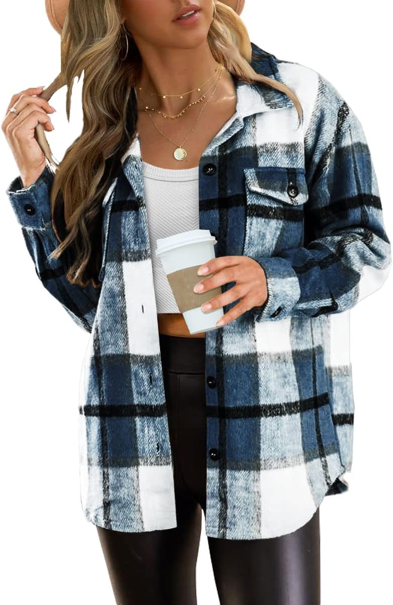 🍂 Women's Fall Fashion Shackets - 2024 Plaid Flannel Button-Down Long Sleeve Shirt Jackets