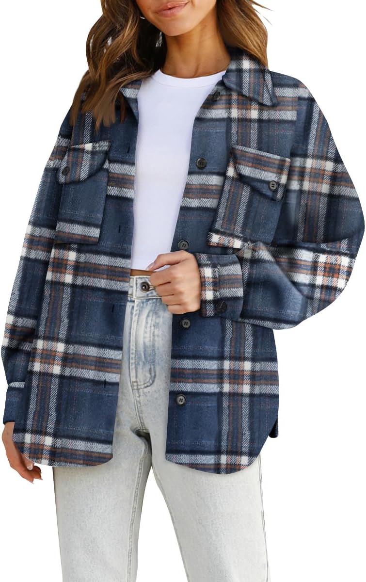 🍂 Women's Fall Fashion Shackets - 2024 Plaid Flannel Button-Down Long Sleeve Shirt Jackets