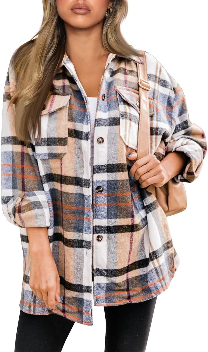 🍂 Women's Fall Fashion Shackets - 2024 Plaid Flannel Button-Down Long Sleeve Shirt Jackets