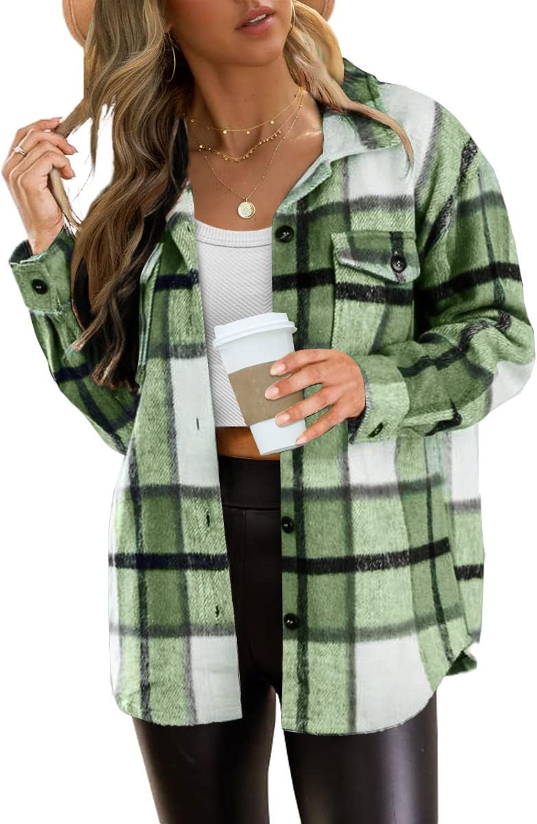 🍂 Women's Fall Fashion Shackets - 2024 Plaid Flannel Button-Down Long Sleeve Shirt Jackets