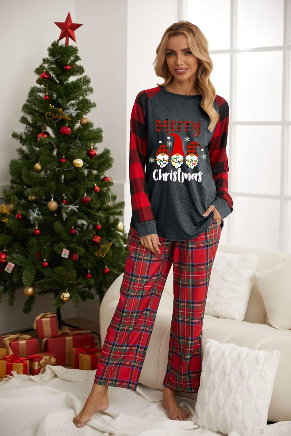 Women's Merry Christmas Gnomes T-Shirt – Plaid Raglan Long Sleeve Holiday Pullover Top with Lights