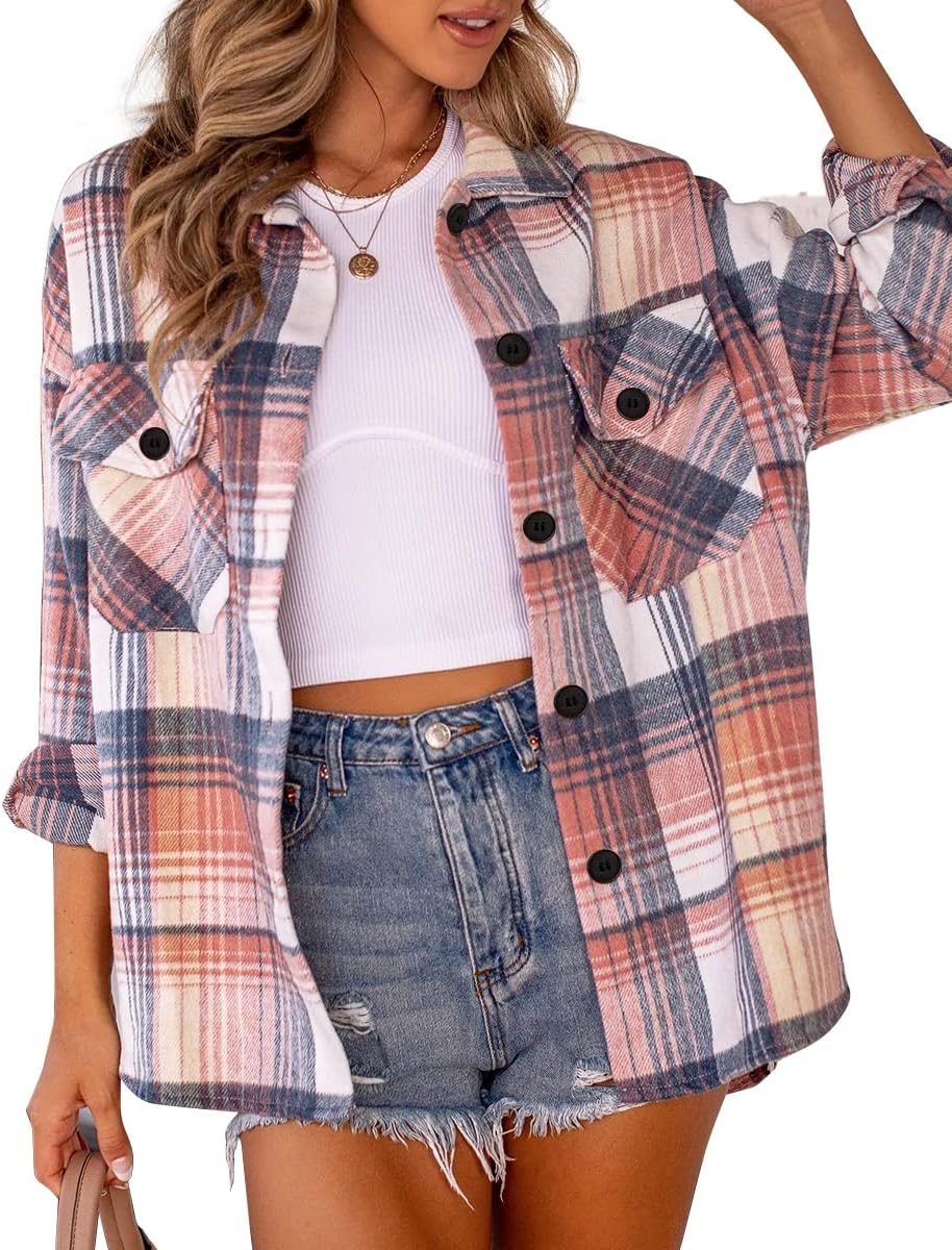 🍂 Women's Fall Fashion Shackets - 2024 Plaid Flannel Button-Down Long Sleeve Shirt Jackets