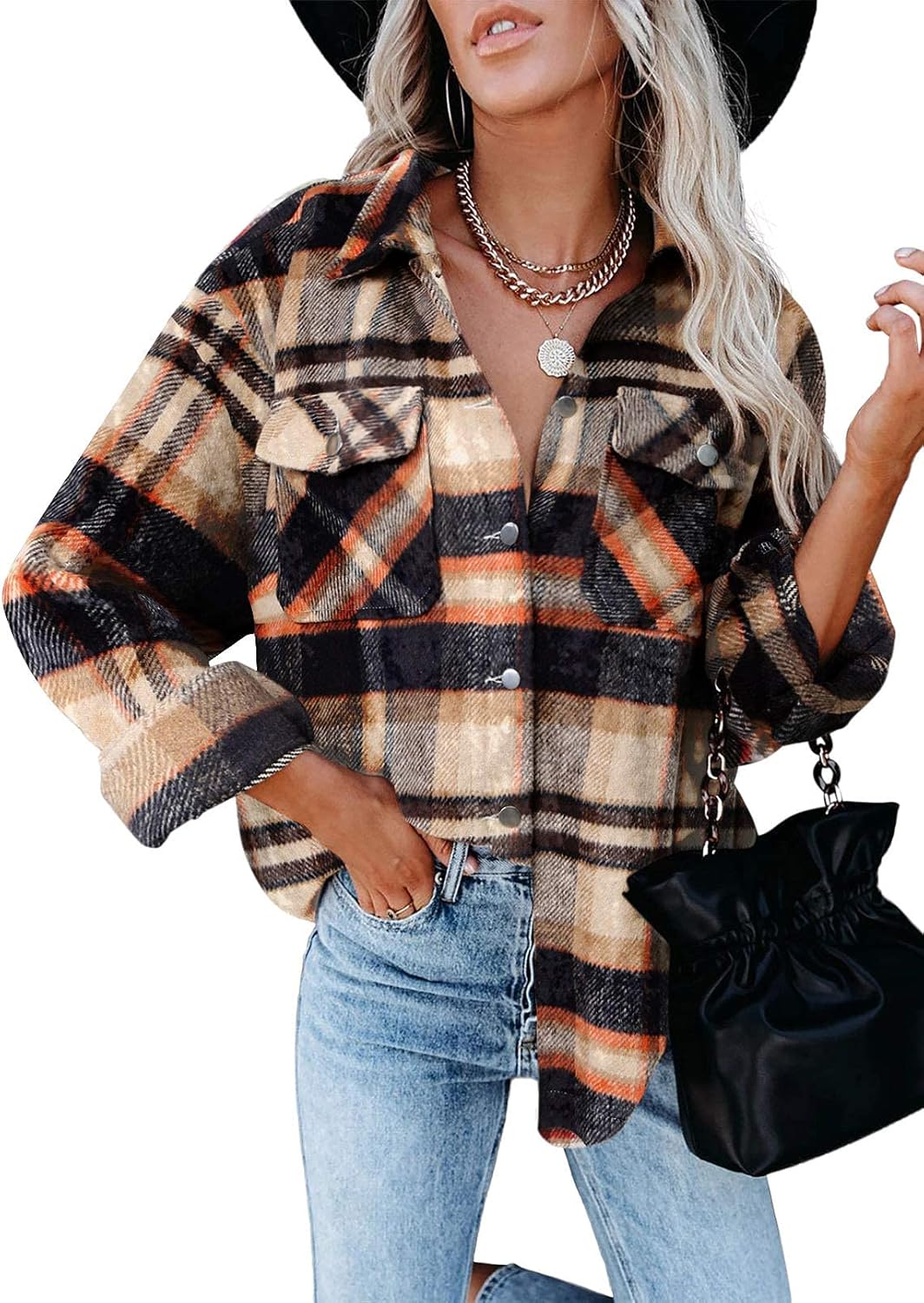 🍂 Women's Fall Fashion Shackets - 2024 Plaid Flannel Button-Down Long Sleeve Shirt Jackets