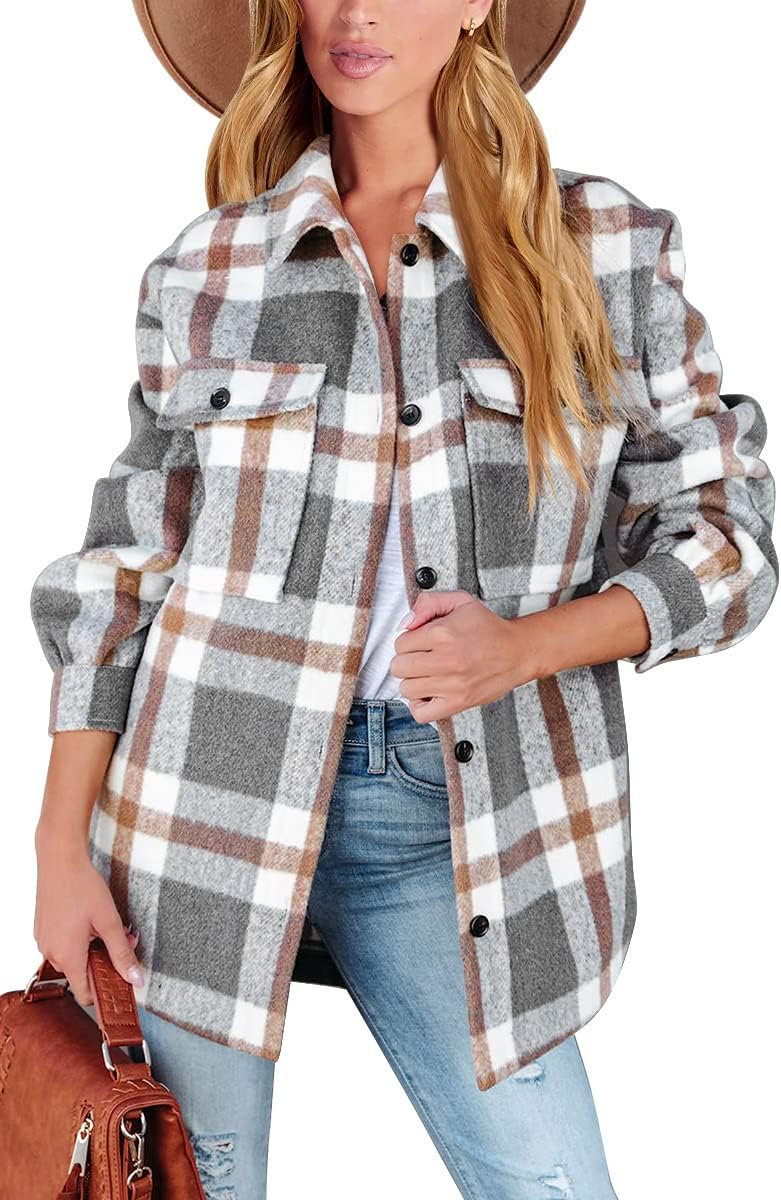 🍂 Women's Fall Fashion Shackets - 2024 Plaid Flannel Button-Down Long Sleeve Shirt Jackets