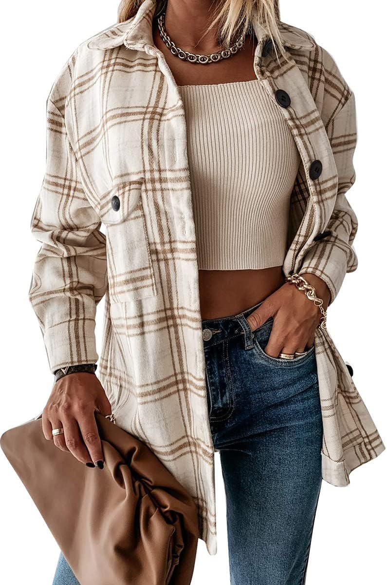 🍂 Women's Fall Fashion Shackets - 2024 Plaid Flannel Button-Down Long Sleeve Shirt Jackets