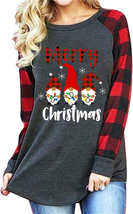 Women's Merry Christmas Gnomes T-Shirt – Plaid Raglan Long Sleeve Holiday Pullover Top with Lights