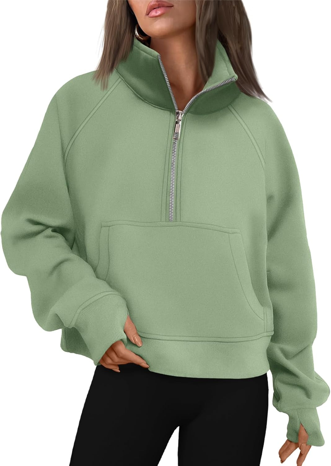 Women's Half-Zip Cropped Fleece Sweatshirt with Thumb Holes – Fall Quarter-Zip Pullover Hoodie