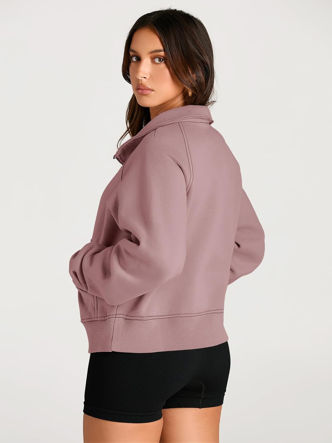 Women's Half-Zip Cropped Fleece Sweatshirt with Thumb Holes – Fall Quarter-Zip Pullover Hoodie