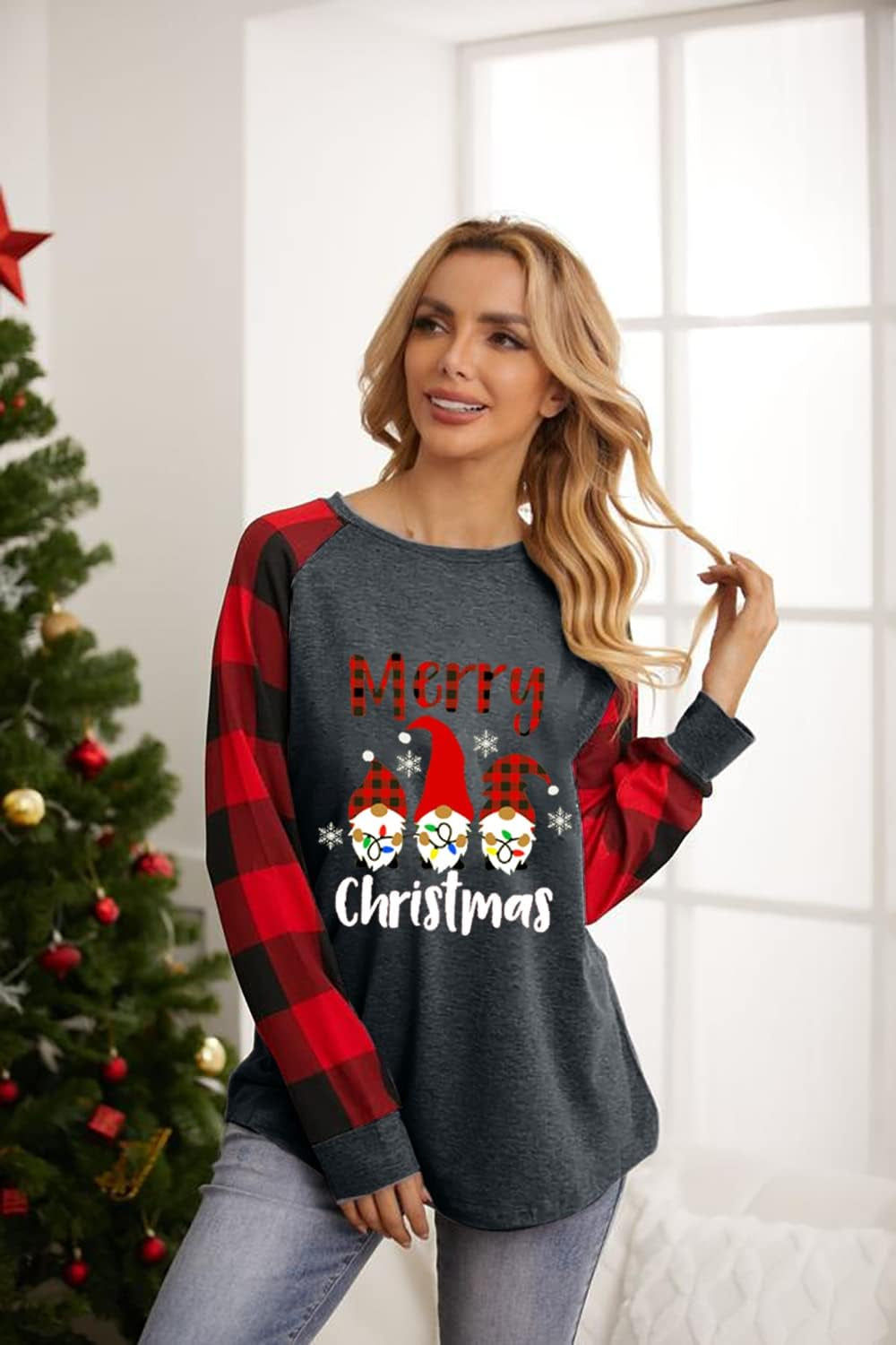 Women's Merry Christmas Gnomes T-Shirt – Plaid Raglan Long Sleeve Holiday Pullover Top with Lights