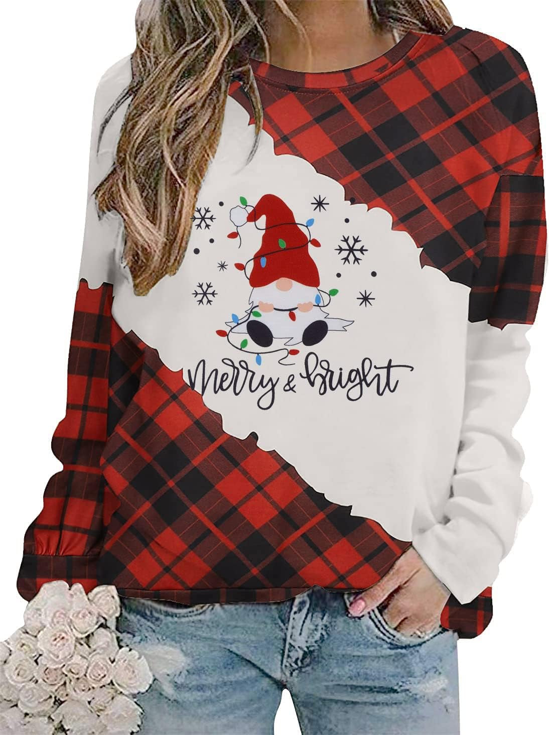 Women's Merry Christmas Gnomes T-Shirt – Plaid Raglan Long Sleeve Holiday Pullover Top with Lights