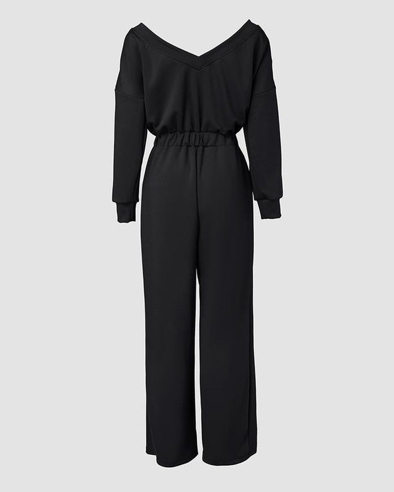 Off-Shoulder V-Back Stretch Jumpsuit with Waist and Pocket Design 