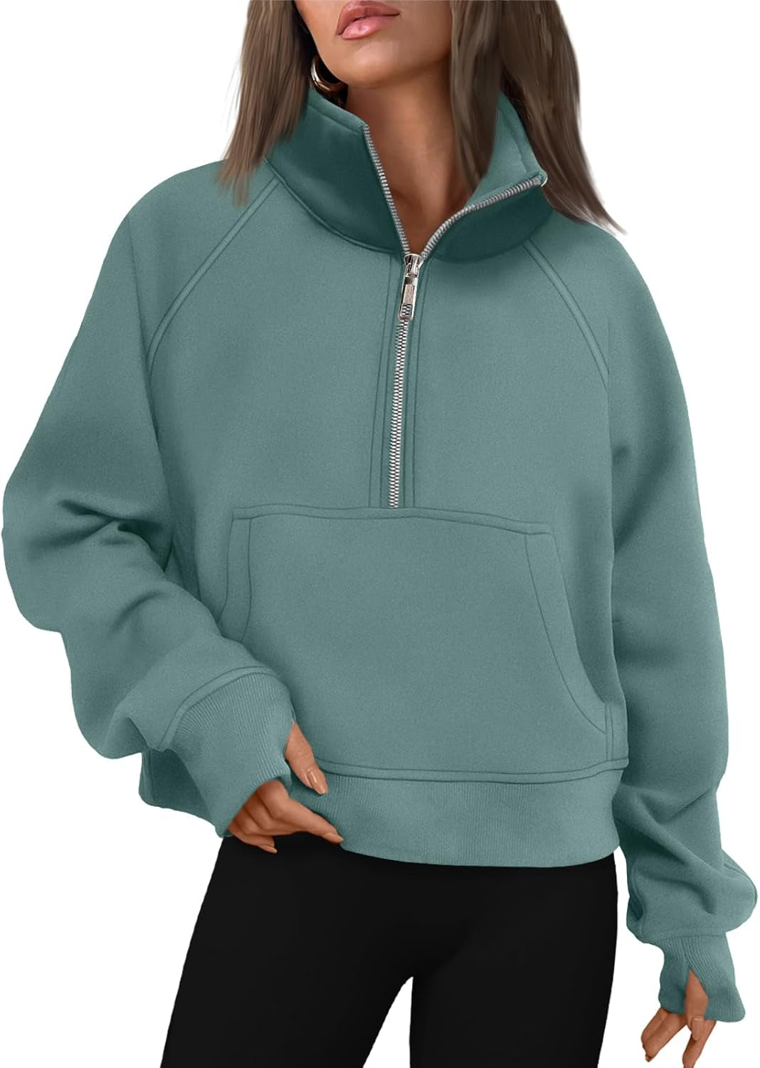 Women's Half-Zip Cropped Fleece Sweatshirt with Thumb Holes – Fall Quarter-Zip Pullover Hoodie