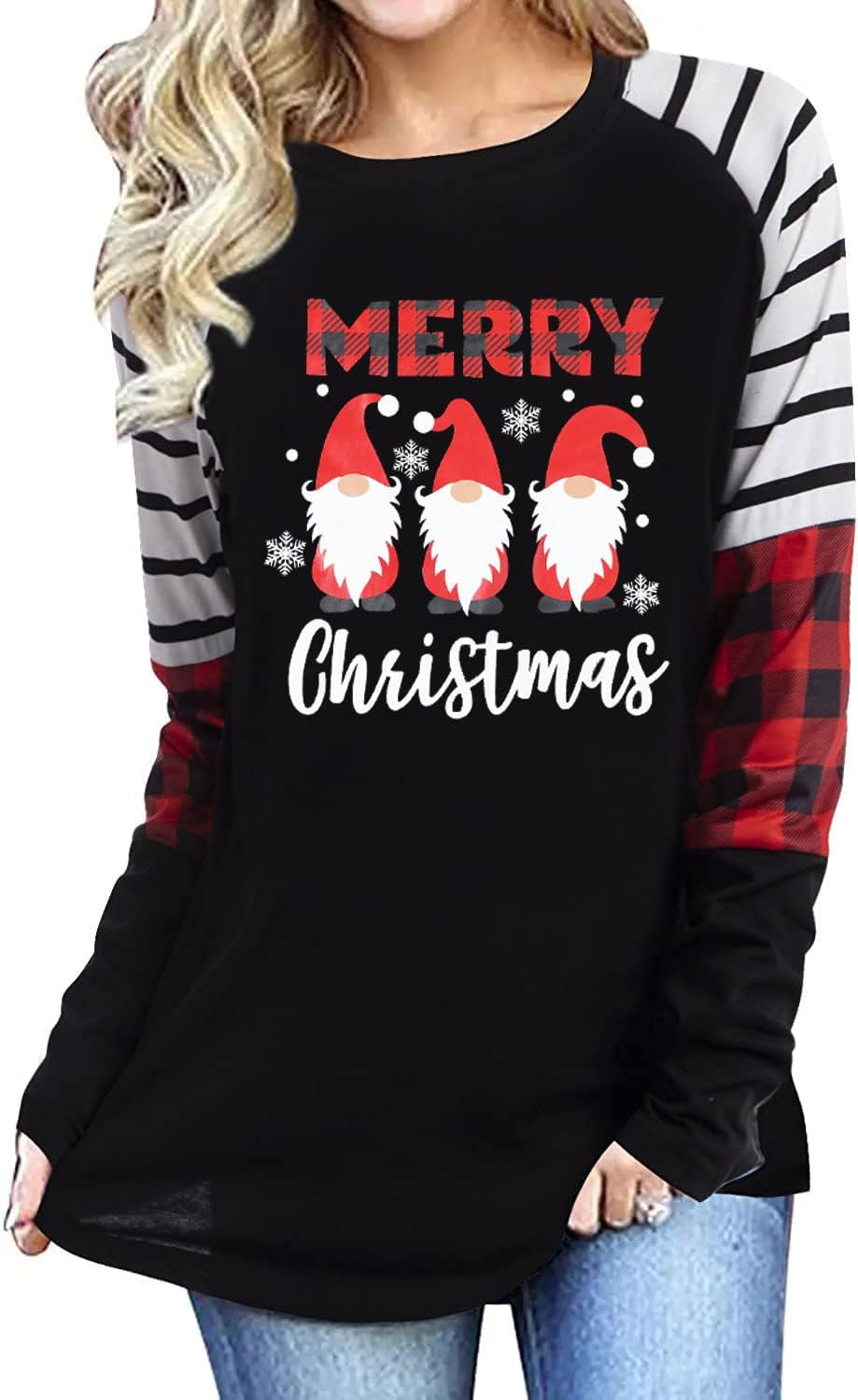 Women's Merry Christmas Gnomes T-Shirt – Plaid Raglan Long Sleeve Holiday Pullover Top with Lights