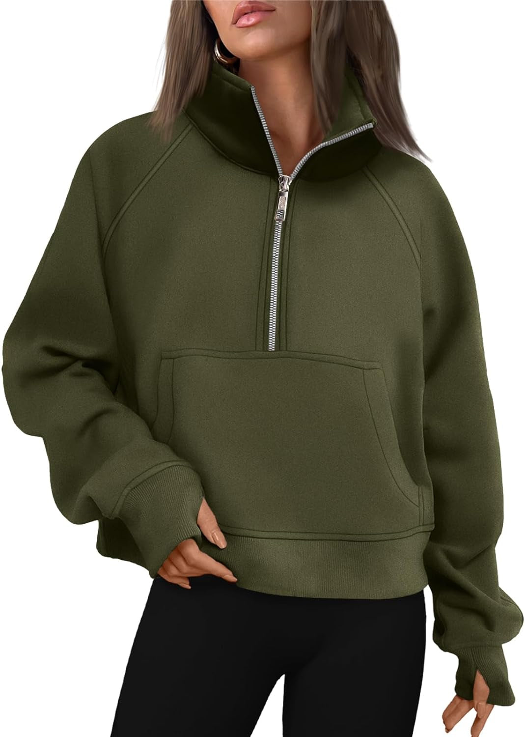 Women's Half-Zip Cropped Fleece Sweatshirt with Thumb Holes – Fall Quarter-Zip Pullover Hoodie