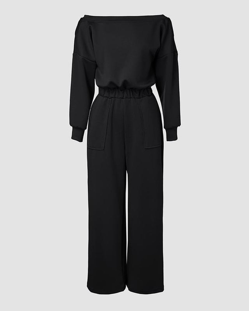 Off-Shoulder V-Back Stretch Jumpsuit with Waist and Pocket Design 