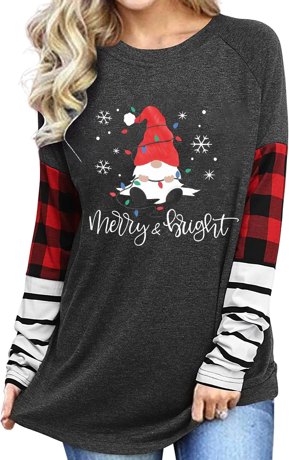 Women's Merry Christmas Gnomes T-Shirt – Plaid Raglan Long Sleeve Holiday Pullover Top with Lights