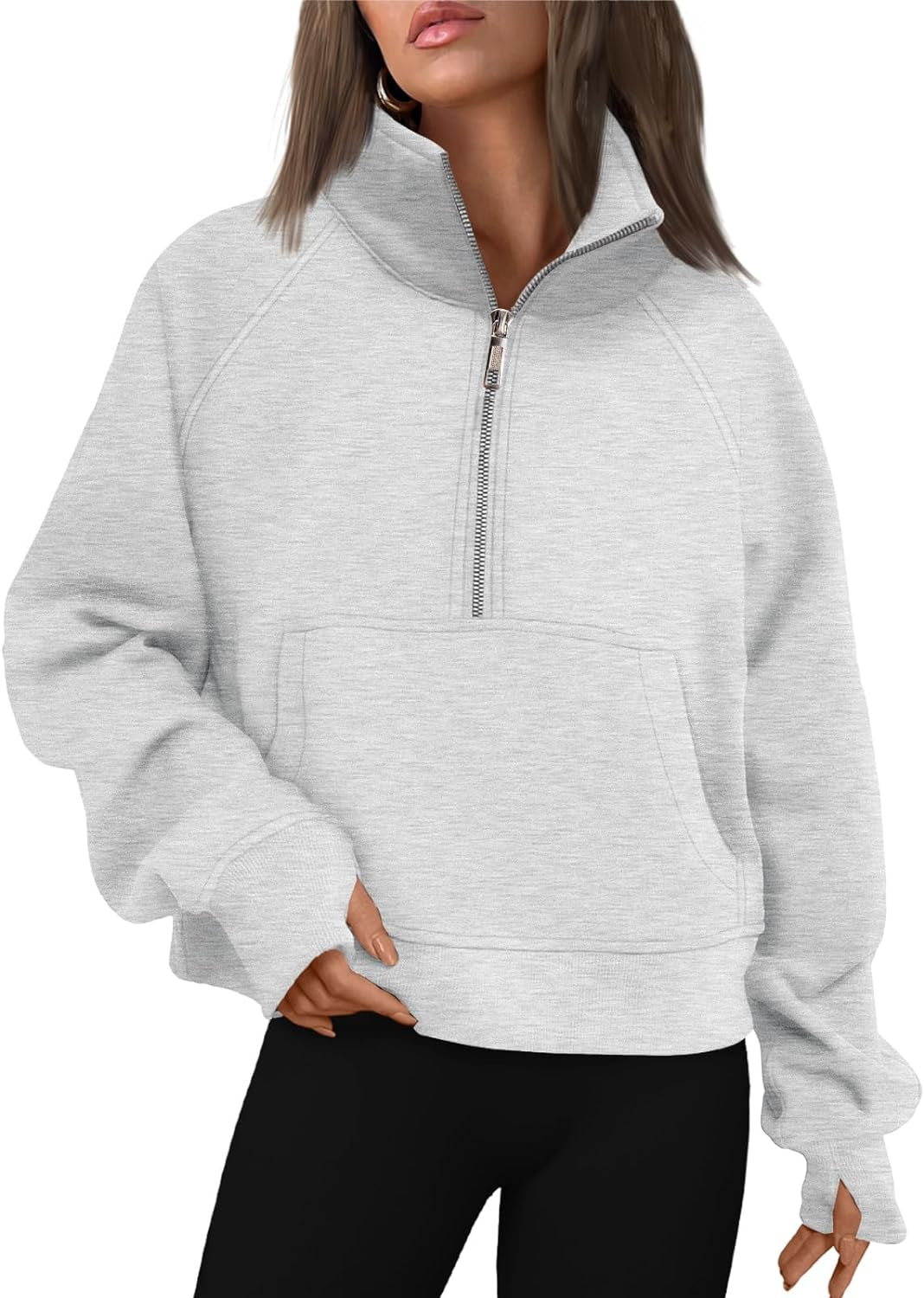 Women's Half-Zip Cropped Fleece Sweatshirt with Thumb Holes – Fall Quarter-Zip Pullover Hoodie