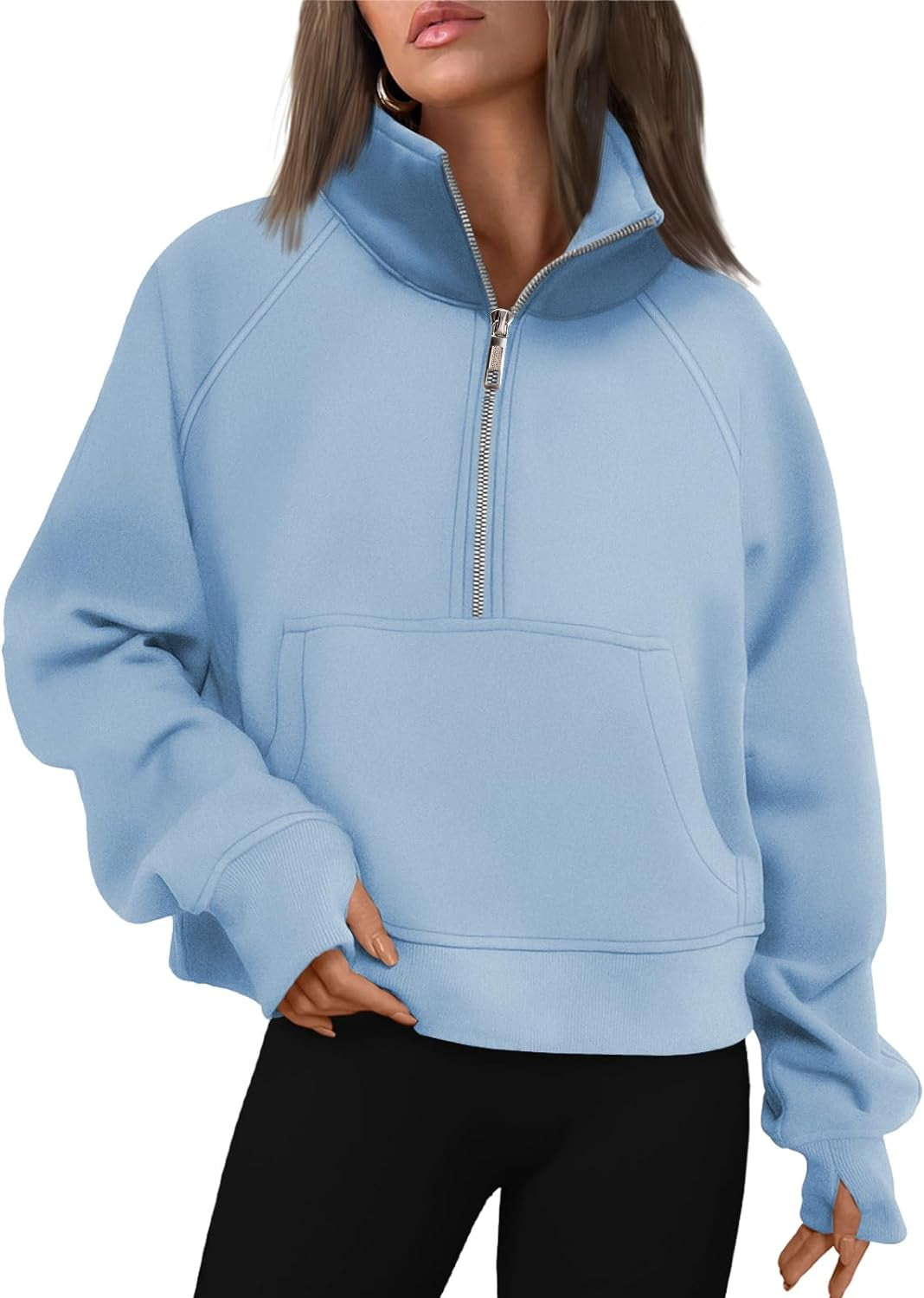 Women's Half-Zip Cropped Fleece Sweatshirt with Thumb Holes – Fall Quarter-Zip Pullover Hoodie