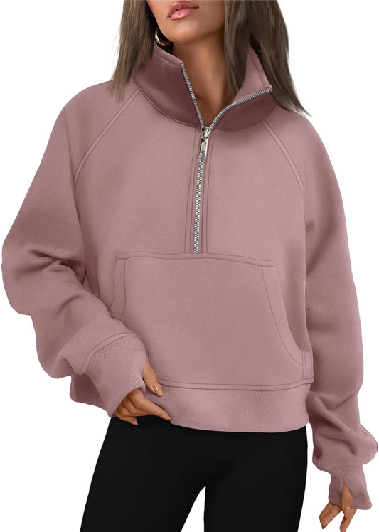 Women's Half-Zip Cropped Fleece Sweatshirt with Thumb Holes – Fall Quarter-Zip Pullover Hoodie